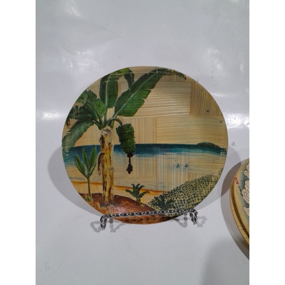 Vintage Chinoiserie Bamboo Woven Asian  Women Art Plates Set Of 4  6" - Picture 6 of 10